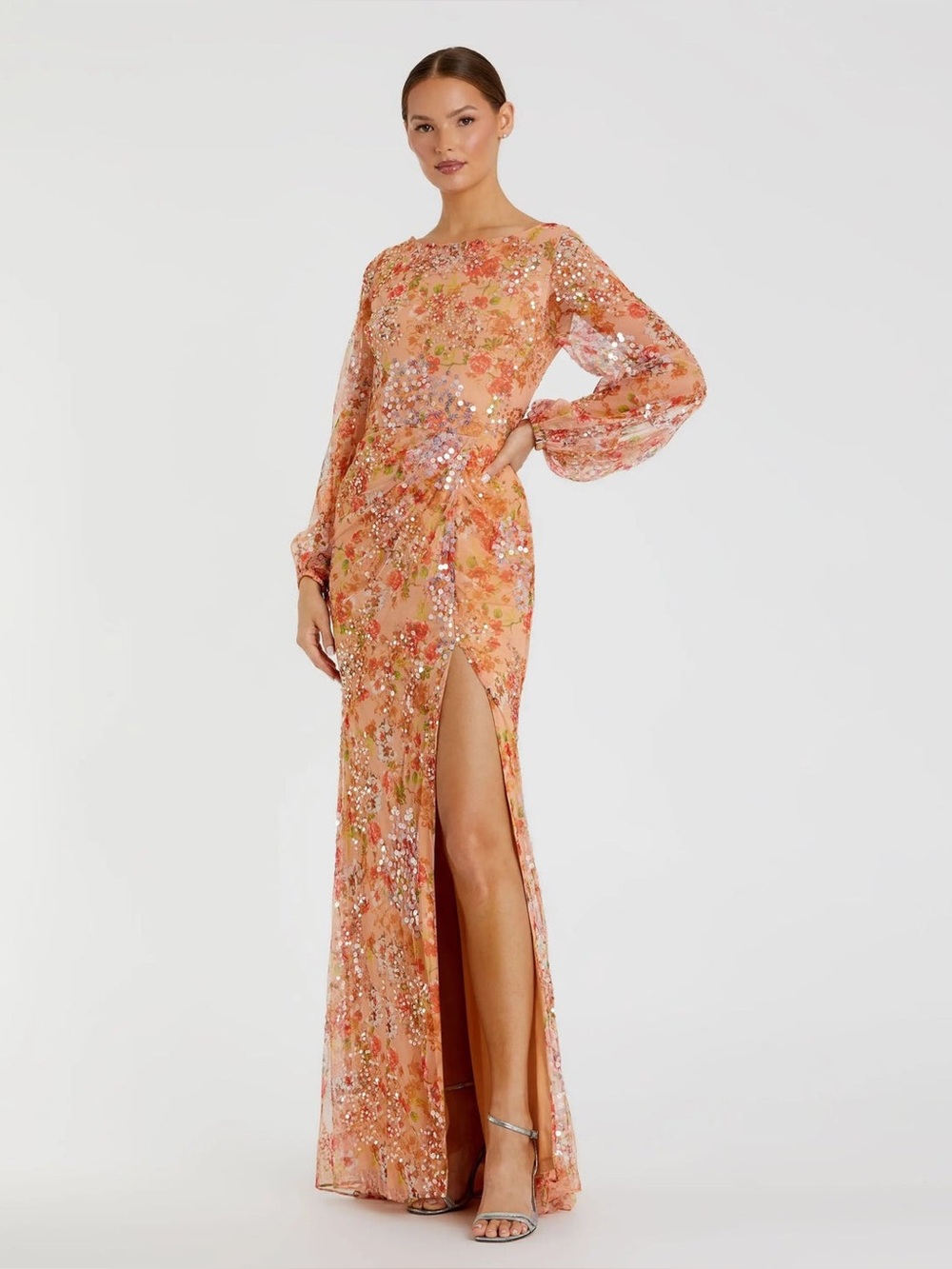Mac Duggal Peach Sequin Floral Long-Sleeve Evening Gown